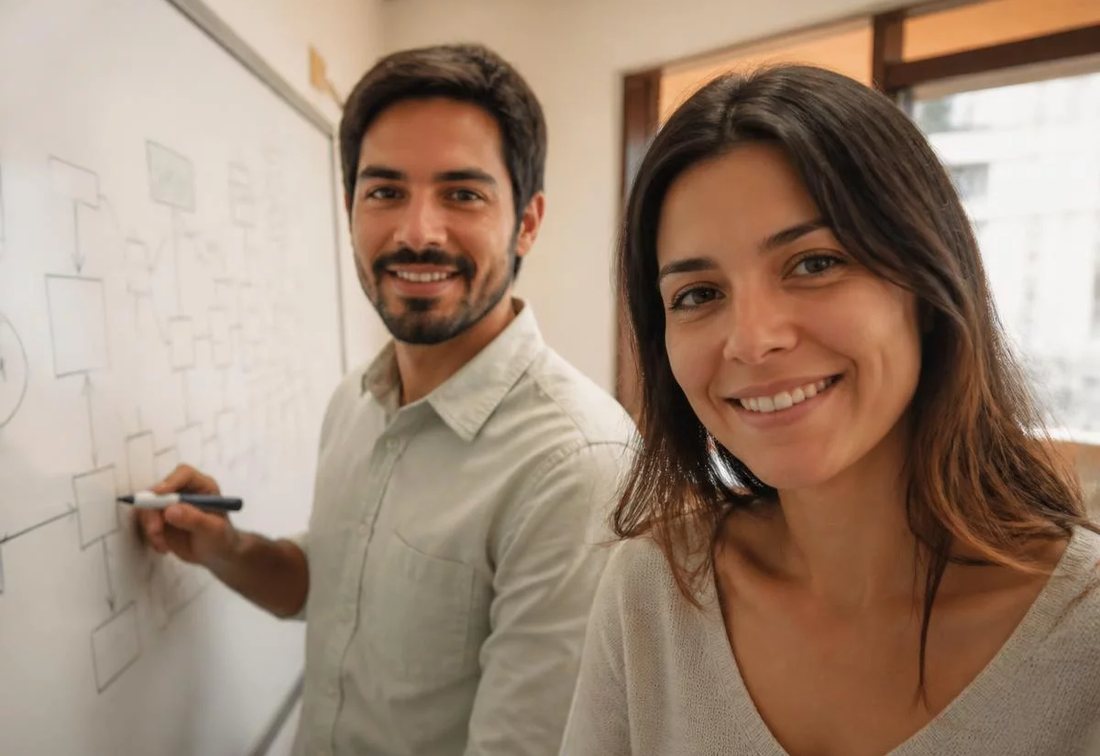Dupla desenhando no quadro branco a estrutura de uma tese